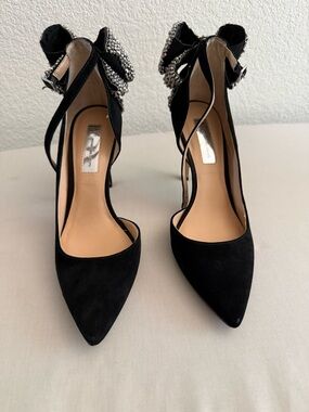 Nine West Black Suede Pointed-Toe Heels with Crystal Bow Ankle Strap